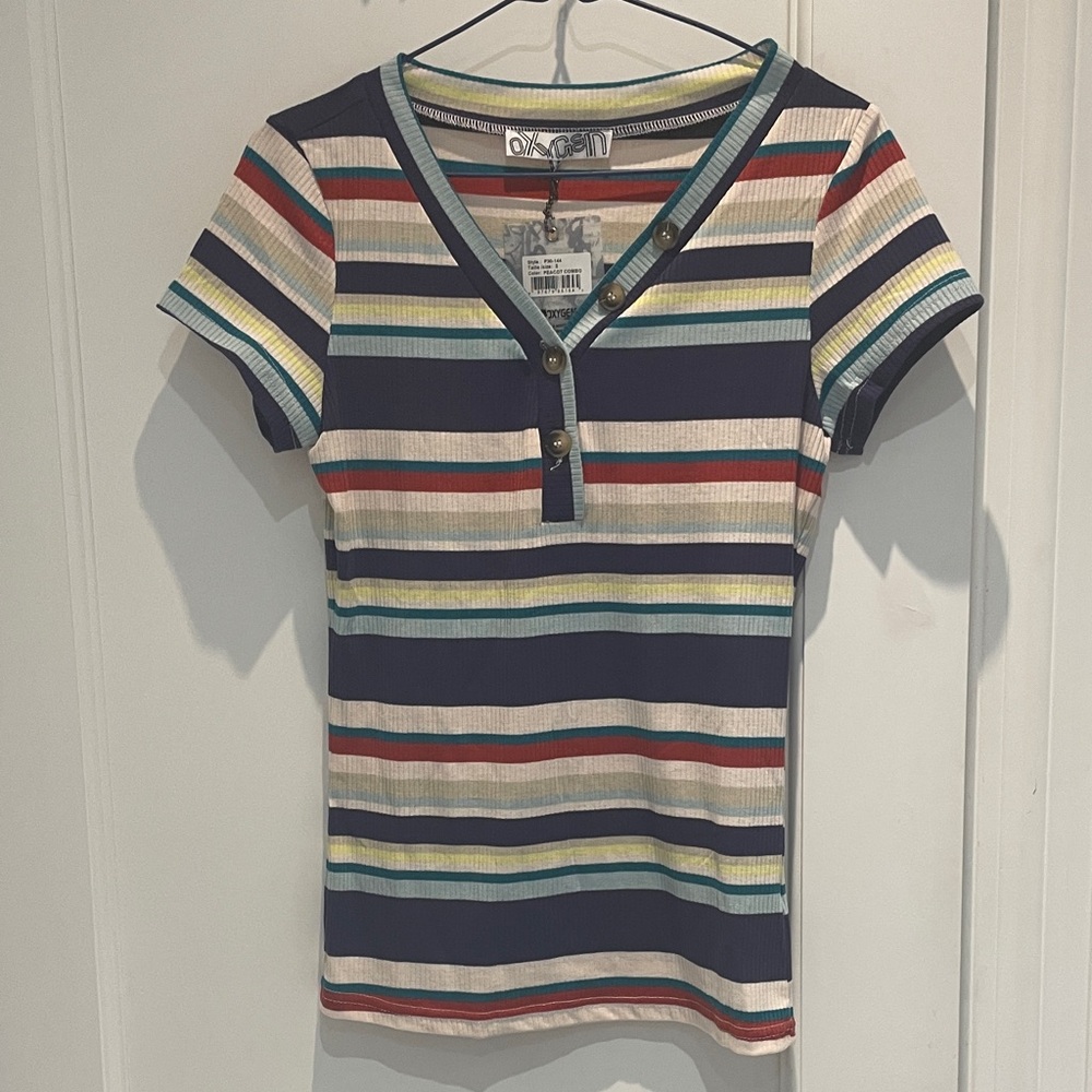 Y2K Oxygen Striped V-Neck Buttoned Ribbed Women Size S Top BNWT Multicolored